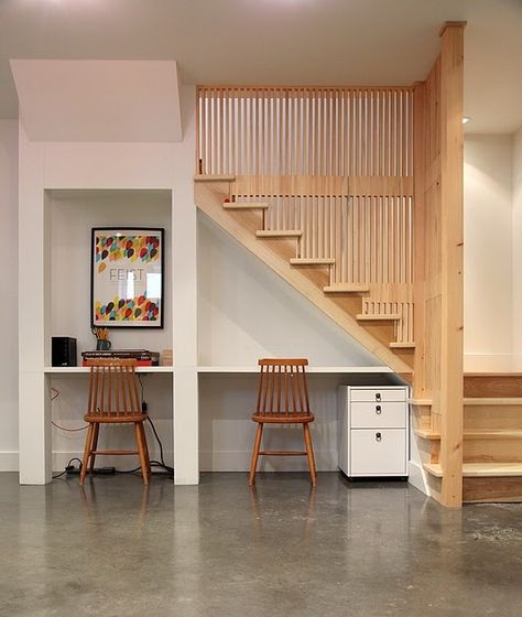 Desk Under Stairs, Basement Built Ins, تحت الدرج, Concrete Stained Floors, Kabinet Dapur, Under The Stairs, Stair Case, Narrow House, Home Stairs Design