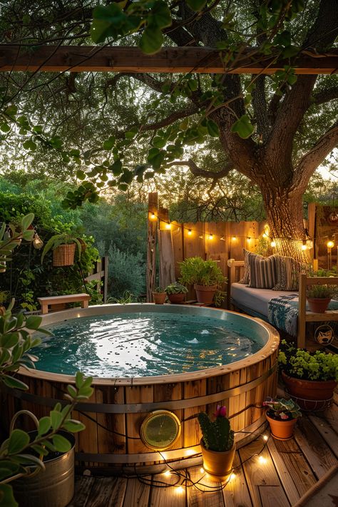 Charming backyard oasis with a DIY stock tank pool surrounded by lush plants and fairy lights. Ideal for a cozy, relaxing outdoor pool area. Home Made Pools Backyard, Spa Like Backyard, Kitty Pool Ideas, Hot Tub In The Woods, Hot Tub Sauna Cold Plunge Backyard, Stock Tank Pool And Hot Tub, Water Trough Hot Tub, Hot Tub Areas Outdoor, Hot Tub Area Ideas Decor