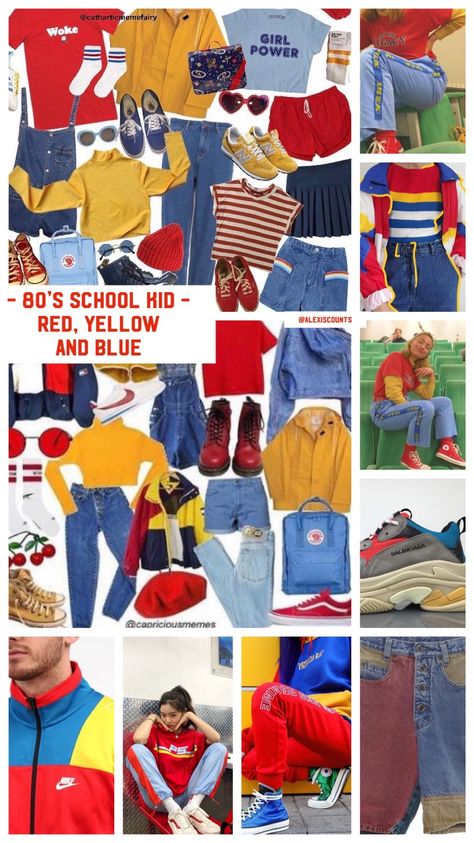 Red Yellow Blue Aesthetic Outfit, Blue Yellow Outfit Aesthetic, Red Group Outfit, Retro Color Outfit, Primary Colours Outfit, Primary Colors Clothes, 90s Colourful Outfit, Group Outfit Ideas Color Schemes, Primary Colour Outfits