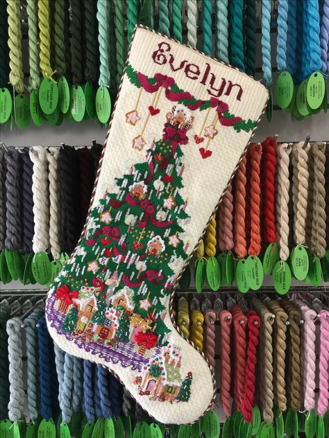 A Strictly Christmas stocking stitched by Gretchen, finishing by Hearts to Keep. Needlepoint Trees, Christmas Stocking Ideas, Fun Needlepoint, Needlework Christmas, Holiday Cross Stitch Patterns, Unique Christmas Stockings, Stocking Ideas, Cross Stitch Stocking, Needlepoint Ideas