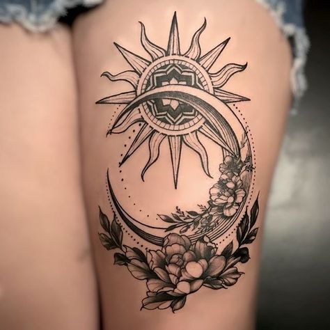 Sun And Moon Tattoo, Hip Thigh Tattoos, Hip Tattoos Women, Sun Tattoos, Leg Tattoos Women, Dope Tattoos For Women, Thigh Tattoos Women, Hip Tattoo, Mom Tattoos