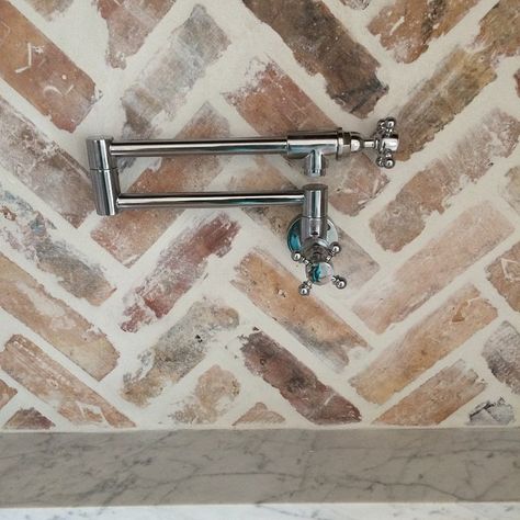 :: Havens South Designs ::  how about white washed herringbone face brick for backsplash? Cross handle pot filler. Chicago Brick, Kitchen Blue, French Country Kitchens, Brick Backsplash, Coastal Bathrooms, Pot Filler, French Country Kitchen, Coastal Kitchen, Coastal Living Room