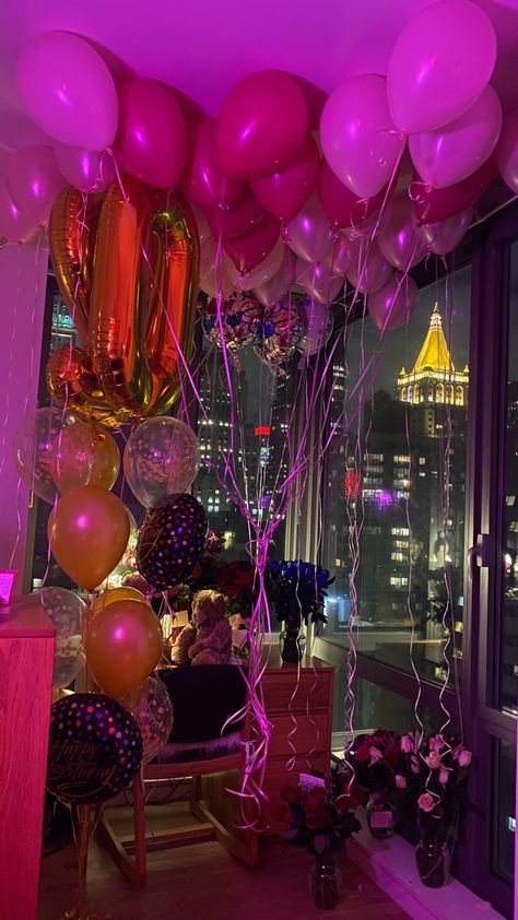 Flowers, Birthday, Balloons, Pink, pink balloons, gold balloons, gold, 20th birthday, birthday party, flowers, bouquet, roses, glamorous, gossip girl, NYC, New York City, apartment, party, celebration, 21st birthday, friends, family, love, pink room Room Filled With Balloons Birthday, Room Filled With Balloons, Room Full Of Balloons, Balloons And Flowers, Surprise Birthday Decorations, 18th Bday, Birthday For Him, My Past, Birthday Board