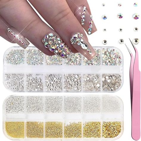 Amazon.com: Nail Rhinestones Kit with Tweezers, 1440pcs AB Color Flat Back Nail Gemstones White Crystal Diamond for Acrylic Nail 3D Gold Silver Caviar Beads Metal Nail Charms Eyes Face Makeup Rhinestones : Beauty & Personal Care Gem Patterns Nails, Makeup Rhinestones, Nail Stones, Nail Rhinestones, Pedicure Nail Art, Crystal Diamond, 3d Nail, Nail Charms, Pedicure Nails