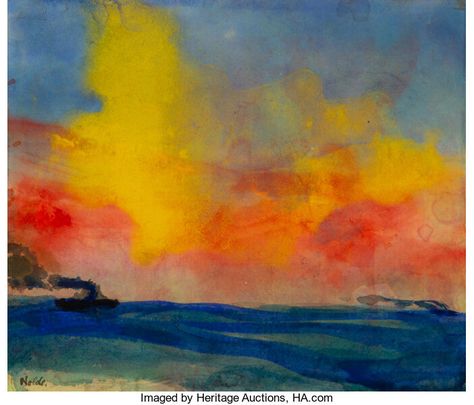 Emil Nolde (1867-1956). Seascape, 1946. Watercolor on paper. 8-7/8 | Lot #77032 | Heritage Auctions Nolde Paintings, Seascape Watercolor, Emil Nolde, Paul Signac, German Expressionism, Diy Yarn Crafts, Art Courses, Seascape Paintings, Andy Warhol