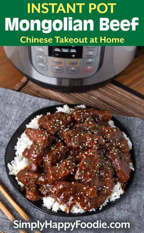 Instant Pot Mongolian Beef in black bowl Rice Pressure Cooker, Instant Pot Mongolian Beef, Takeout At Home, Instapot Recipes Chicken, Simply Happy Foodie, Beef Recipe Instant Pot, Beef Flank Steak, Mongolian Beef Recipes, Flank Steak Recipes