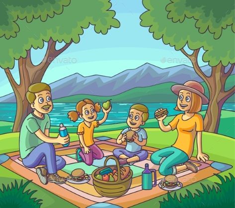 My Happy Family Drawing, Picnic Scene Drawing, Picnic Drawing Easy, Family Picnic Drawing, Happy Family Painting, Happy Family Drawing, Happy Family Cartoon, Picnic Cartoon, Picnic Drawing