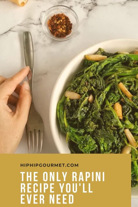 hand holding a fork next to a big bowl of sauteed rapini with garlic, bowl of chili flakes and slice of bread in the background Rappini Recipes, Rapini Recipes, Garlic Pasta Recipe, New Recipes For Dinner, Broccoli Rabe, Green Eating, Sprouts With Bacon, Garlic Pasta, Favorite Side Dish