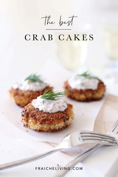 These crab cakes are packed with rich flavour, and make an amazing appetizer or a main if served with a light green salad. This makes a lot of crab cakes, so cut the recipe in half if you’re only serving a small crowd. #appetizer #crabcakerecipe #holidayappetizer #crabcakes Clam Cakes Recipe, Dill Tartar Sauce, Sauce For Crab Cakes, Crab Cake Appetizer, Clam Cakes, Fraiche Living, Impressive Appetizers, Homemade Tartar Sauce, Crab Cake