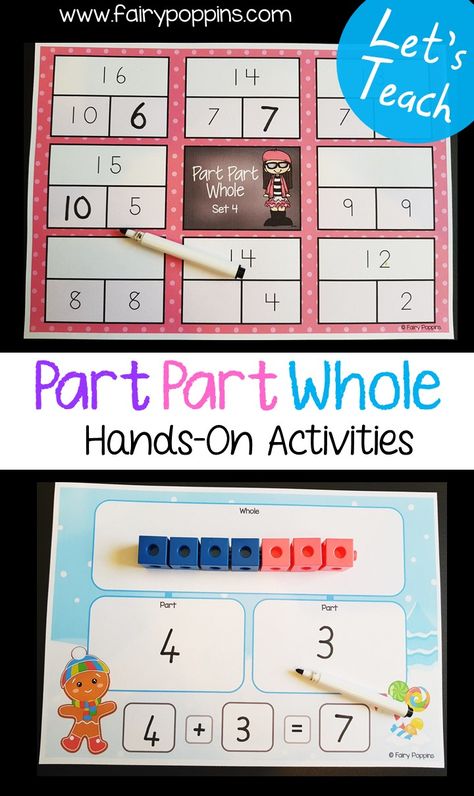 These hands-on activities help kids learn about decomposing numbers, the part part whole concept and fact families. They're great for kids in kindergarten, first grade and second grade. #partpartwhole #decomposingnumbers #firstgrademath #secondgrademath #factfamilies #fairypoppins #fairypoppinsteachingresources Part Whole Activities, Fact Family Activities, Fact Families Activities, Fairy Poppins, Part Part Whole, Prek Crafts, Addition Activities, Maths Ideas, Subtraction Activities