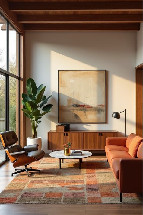 Elegant mid-century modern living room with classic furniture pieces Moody Mid Century Modern, Modern Apartment Living Room, Family Dining Rooms, Cozy Furniture, Maximalist Design, Organic Modern Decor Living Room, Modern Living Room Ideas, Creative Wall Art, Living Room Design Inspiration