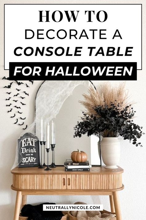 spooky chic halloween console table decor ideas Halloween Console Table, Fall Entryway Table Decor, Halloween Entry Table, Chic Entryway, Spring Front Porch Decor, Console Table Decor, Halloween Entryway, Patio Table Decor, Summer Front Porch Decor