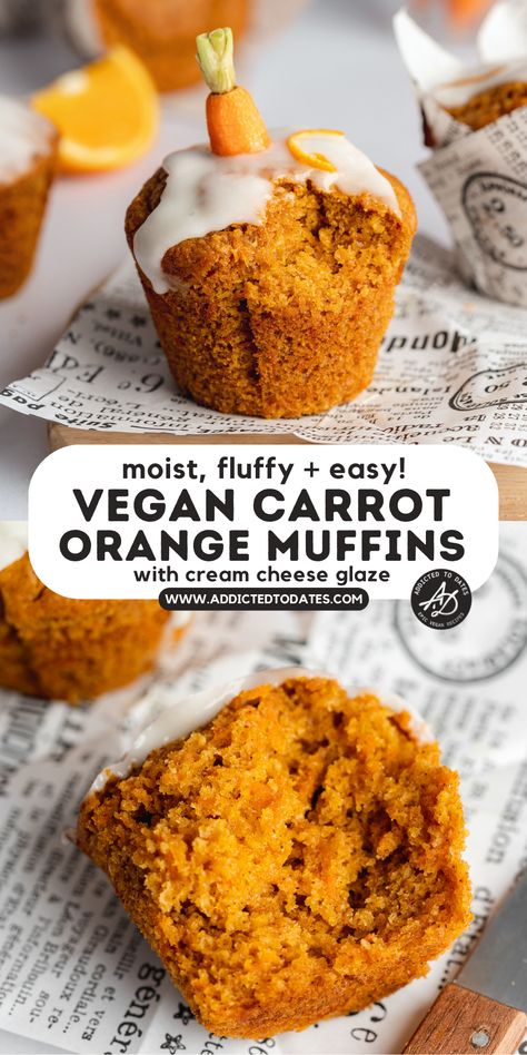 carrot cake muffin with cream cheese icing and a mini carrot. Vegan Orange Muffins, Vegan Muffin Recipe, Vegan Carrot Muffins, Eggless Muffins, Easter Foods, Vegan Tarts, Caramel Dessert Recipes, Vegan Chocolate Recipes, Orange Dessert