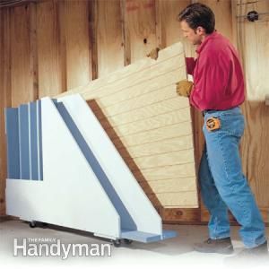 A handy storage rack that lets you get at the plywood sheet you need! Lumber Storage Rack, Plywood Storage, Lumber Rack, Lumber Storage, Garage Storage Racks, Garage Organize, Shop Storage, Shop Organization, Diy Garage