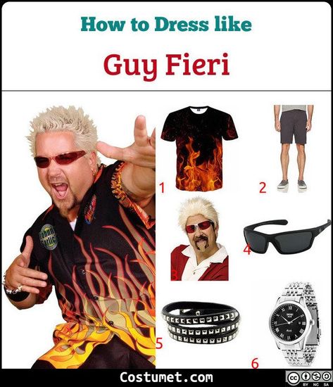 Guy Fieri costume is a flame printed dark button down shirt with matching shades, blonde hair and a goatee, wears chino shorts, rings and metal watch, and studded bracelet.            #Male #male #icon #blonde #tv #personality #chef #adult Guy Fieri Costume Girl, Diy Male Costumes, Blonde Male Halloween Costume, Fire Costume Men, Couple Halloween Costumes Blonde Guy, Guy Fieri Halloween Costume, Guy Fieri Party, Blonde Guy Halloween Costume, Guy Ferrari Costume