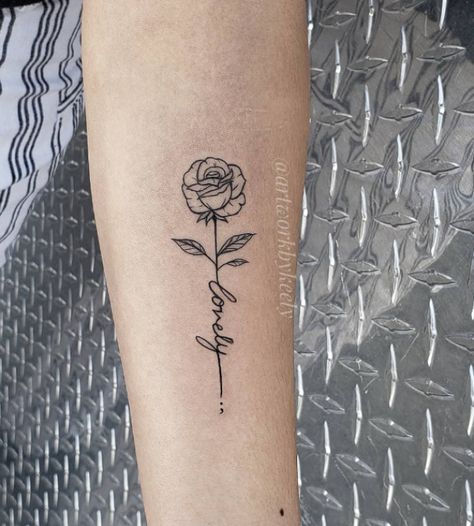 Name In Rose Stem Tattoo, Name Tattoo Forearm Woman, Rose And Writing Tattoo, Rose Into Name Tattoo, Self Love Rose Tattoo, Rose Tattoo With Meaning, Name In A Rose Tattoo, Rose With Names Tattoo, Small Rose Tattoo With Name