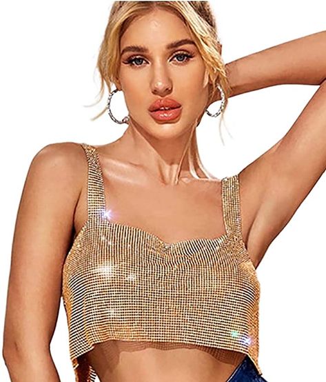 Fstrend Crystal Rhinestones Crop Top Sparkly Gold Halter Tank Top Shirts at Amazon Women’s Clothing store Rave Party Outfit, Gold Crop Top, Fishnet Crop Tops, New Year’s Eve Outfit, Denim And Diamonds, Sequin Crop Top, Halter Tank Top, Eve Outfit, Halter Tank