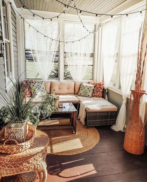 Cozy Boho Porch Ideas, Boho Covered Porch, Sunroom Small Ideas, Sunroom Small House, Small Sunroom Plants, Sunroom Day Bed, How To Style A Large Open Living Room, Rocking Chairs In Sunroom, Sunroom Boho Ideas