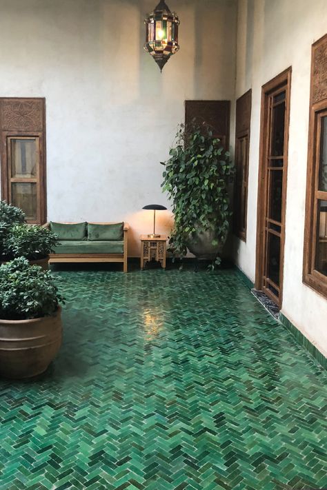 Emerald Green Floor Tile, Green Floor Tile Living Room, Green Tile Living Room, Morocco Bathroom Design, Marocco Bathroom, Marrakech Decor, Morocco Furniture, Emerald Green Tile, Green Floor Tiles