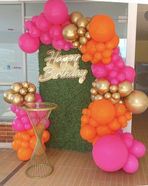 21st Birthday Sunset Theme, 70s Inspired Party Decor, Sneaker Brunch Party, Pink Orange Gold Balloon Garland, Pink Orange Gold Party, Orange And Pink Decor Party, Bright Color Birthday Party Ideas, Pink Orange And Gold Party Decorations, Birthday Backyard Party Ideas