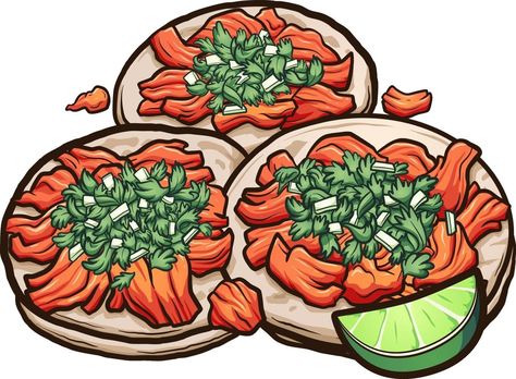 tacos mexicanos de dibujos animados al pastor con cebollas y cilantro. ilustración vectorial de imágenes prediseñadas con gradientes simples. Taco Inspiration, Tacos Pastor, Cancun Map, Taco Illustration, Mexican Cartoon, Mexican Background, Taco Cartoon, Taco Ideas, Taco Drawing