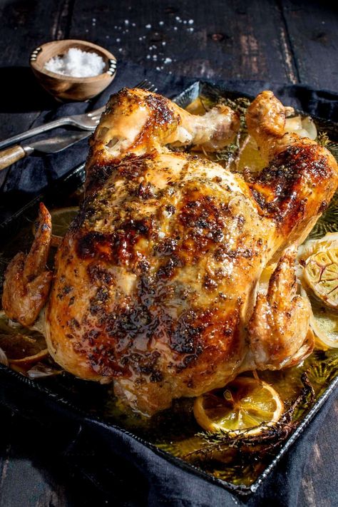 Juicy Greek Roast Chicken with Garlic and Herb Butter Garlic And Herb Turkey, Summer Roast Chicken, Greek Whole Chicken, Greek Roast Chicken, Roast Chicken Marinade, Greek Roasted Chicken, Lemon Herb Roasted Chicken, Garlic And Herb Chicken, Garlic Roast Chicken