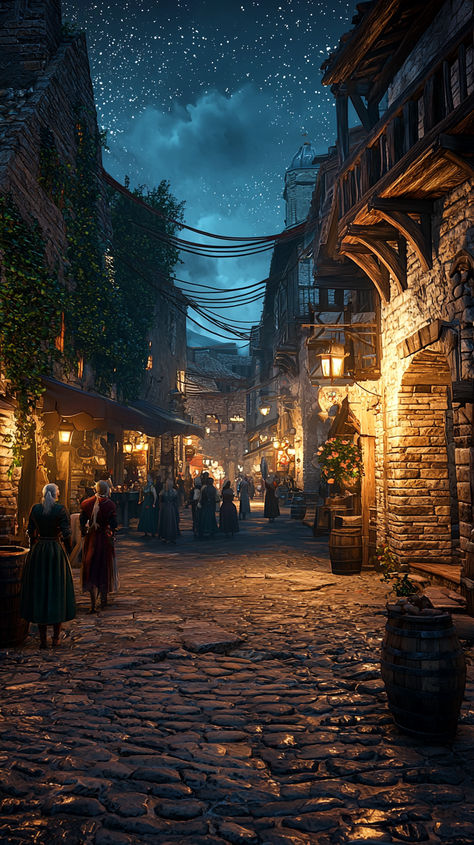 1. **Free City**: Novigrad, the largest city in the Northern Kingdoms, is known for its independence and bustling trade.  2. **Medieval Charm**: Filled with markets, taverns, and hidden alleys, Novigrad is rich in culture and mystery.  3. **Refuge for Outcasts**: Novigrad shelters mages and rogues, creating a lively yet dangerous atmosphere. Medieval City Aesthetic, Medieval Town Aesthetic, Fantasy City Street, Medieval Village Aesthetic, Novigrad Witcher, Fantasy City Aesthetic, Market Medieval, Tavern Aesthetic, Story Setting Ideas