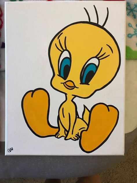 Tweety Painting On Canvas, Tweety Canvas Painting, Disney Cartoon Paintings, Tweety Painting, Tweety Bird Painting, Cute Disney Paintings Easy, Tweety Drawing, Disney Art Painting Easy, Disney Canvas Art Ideas