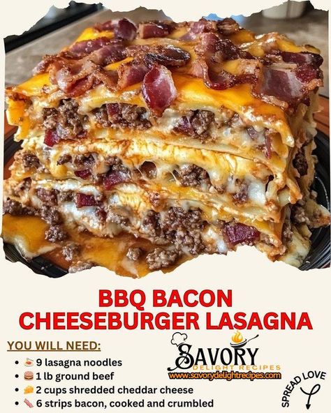 🔥 Sizzling BBQ Bacon Cheeseburger Lasagna: The Ultimate Comfort Food Mashup! 🍔🍝 Get ready to blow your taste buds away with this mind-blowing fusion of two all-time favorites! 🤯 Our BBQ Bacon Cheeseburger Lasagna is the talk of the town, and for good reason! 🗣️ 👨‍🍳 Prep Time: 15 mins | 🍳 Cook Time: 40 mins | 🍽️ Servings: 6 Ingredients: • 9 lasagna noodles 🍝 • 1 lb ground beef 🥩 • 2 cups shredded cheddar cheese 🧀 • 6 strips bacon, cooked & crumbled 🥓 • 1 cup BBQ sauce 🍯 • 1 large onion, dic... Bbq Lasagna Recipe, Cheeseburger Lasagna, Bbq Bacon Cheeseburger, Mediterranean Diet For Beginners, Lasagna Noodles, Hamburger Casserole, Bbq Bacon, Savory Pies, Lasagna Rolls