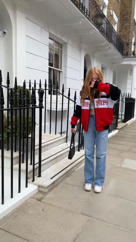 Aesthetic Racing Jacket, Red Ferrari Jacket Outfit, Ferrari Jacket Girl, Varsity Jacket Photoshoot Ideas, Ferrari F1 Jacket Outfit, F1 Jersey Outfit, Racing Aesthetic Outfit, Ferrari Girl Outfit, F1 Outfit For Women Ferrari