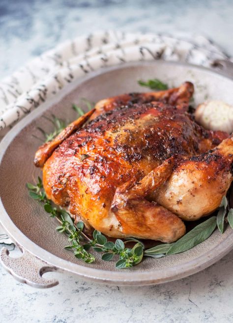 Thanksgiving Potluck Ideas, Butter Roasted Chicken, Low Carb Pumpkin Cheesecake, Juiciest Chicken, Herbed Butter, Peace Love And Low Carb, Oven Roasted Chicken, Roast Chicken Recipes, Keto Side Dishes