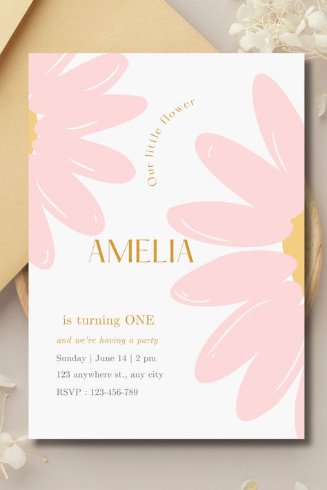 Set the tone for a blooming birthday bash with our charming pink and yellow floral invitation template which is self-editable in CANVA! Invitation First Birthday, First Birthday Girl, Floral Birthday Invitations, Floral Invitations Template, Birthday Invites, Floral Birthday, Floral Invitation, Pink And Yellow, Birthday Bash