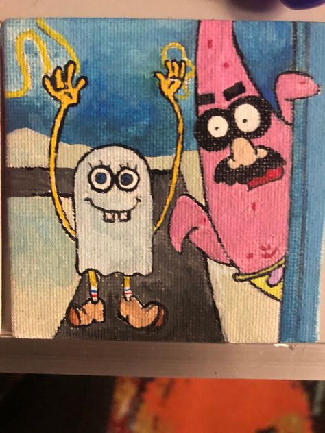 Spongebob Halloween Painting, Funny Halloween Painting, Easy Spooky Painting Ideas On Canvas, Mini Halloween Paintings, Spooky Canvas Painting Ideas, Cute Halloween Paintings On Canvas, Halloween Paintings On Canvas Easy, Easy Spooky Paintings, Movie Canvas Painting