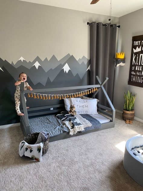 Mountain Boys Room, Toddler Teepee Bed, Woodsy Room, Floor Bed Toddler, Wolf Nursery, Mountain Bedroom, Boy Room Themes, Forest Bedroom, Teepee Bed