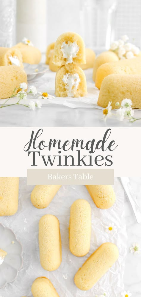 Taking it back to childhood today with these better than store-bought Homemade Twinkies. Oh yes, you can actually make twinkies at home. It’s also much easier to make than you might think and it tastes so much better than the stuff you buy in a box. A simple yellow cake filled perfectly with a lightly sweetened creme filling. Twinkie Recipe Homemade, Copycat Twinkie Recipe, How To Make Twinkies, Store Bought Foods You Can Make At Home, Home Made Twinkies, Twinkie Cupcake Recipe, Homemade Twinkies Recipe, Fun Homemade Recipes, Fried Twinkies Recipe