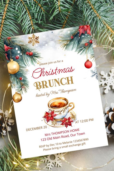 Elegant Christmas brunch tea party editable template invitation digital download watercolor pines Victorian Christmas Tea Party, Tea Party Template, Christmas Brunch Invitations, Christmas High Tea, Christmas Tea Party Invitations Printable, Holiday Brunch Invitations, Christmas Lunch Invite Template, Brunch Tea Party, Free Christmas Invitation Templates