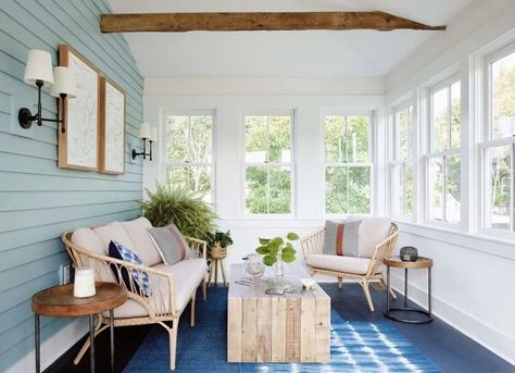 Shiplap Sunroom, Sunporch Ideas, Blue Shiplap, Cottage Sunroom, Kristina Crestin, Waterfall Coffee Table, Wooden Accent Table, Small Sunroom, Knight Photography