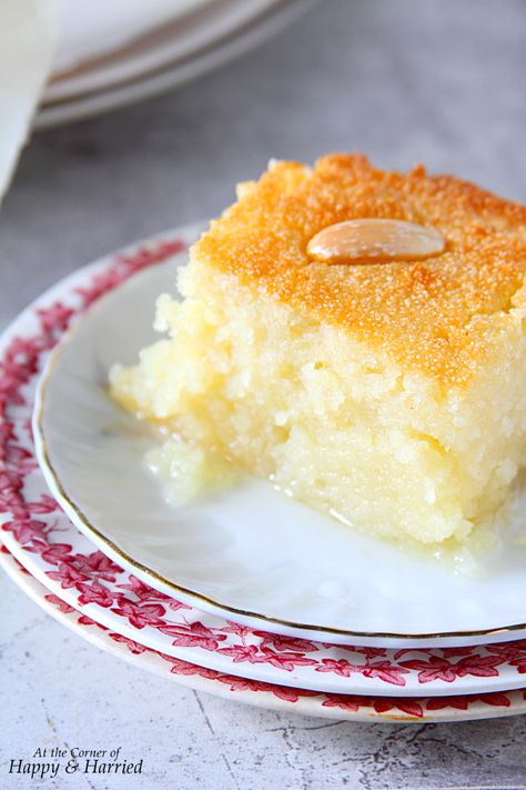 Basbousa {Semolina Cake With Lemon-Rose Syrup} Semolina Recipe, Lebanese Desserts, Arabic Desserts, Syrian Food, Arabic Dessert, حلويات عربية, Semolina Cake, Middle Eastern Desserts, Egyptian Food