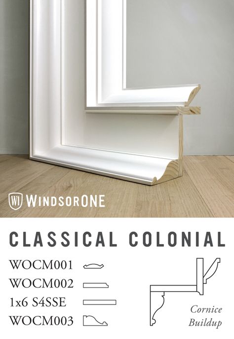 Construction of a Classical Colonial cornice, from the WindsorONE Classic American Molding Collection Colonial Style Window Trim, Colonial Trim Moldings, Colonial Molding And Trim, Colonial Wainscoting, Classic Colonial Interior, Classic Panelling, Trim Casing, Kitchen Staircase, Colonial Windows