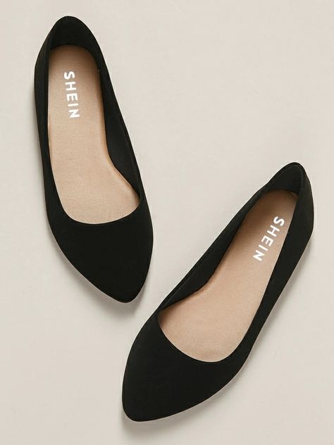 Wide Fit Pointed Toe Ballet Flats | SHEIN USA Cute Shoes Flats, Wedges Heels, Fashion Shoes Sandals, Fashion Shoes Flats, Classy Shoes, Black Plain, Stunning Shoes, Women Flats, Casual Flat Shoes