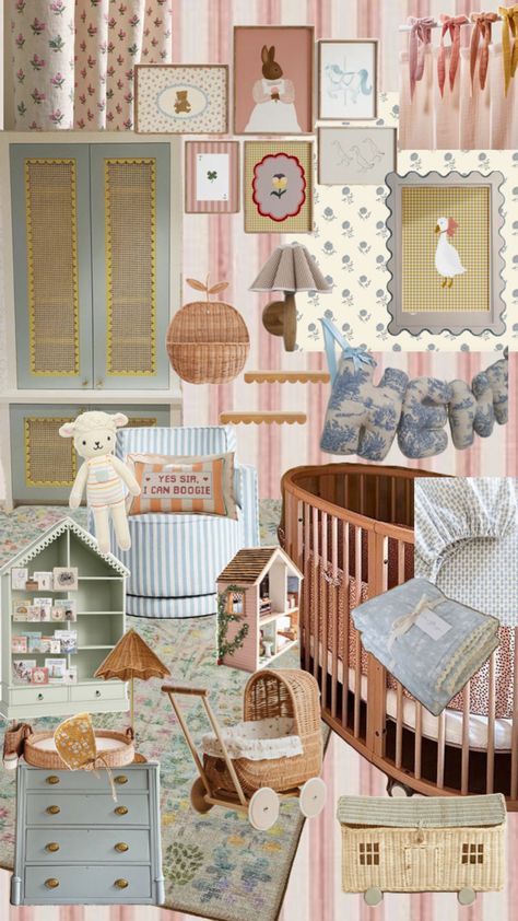 Fun eclectic mix of patters and shapes with pastels. Such a girly and sweet nursery that you can easily add touches as you go since there is no defining theme. Eclectic Nursery Girl, Pink And Blue Nursery, Yellow Girls Room, Toddler Bedroom Playroom, Eclectic Nursery, Girly Nursery, Yellow Girls, Girl Room Inspiration, Sweet Nursery