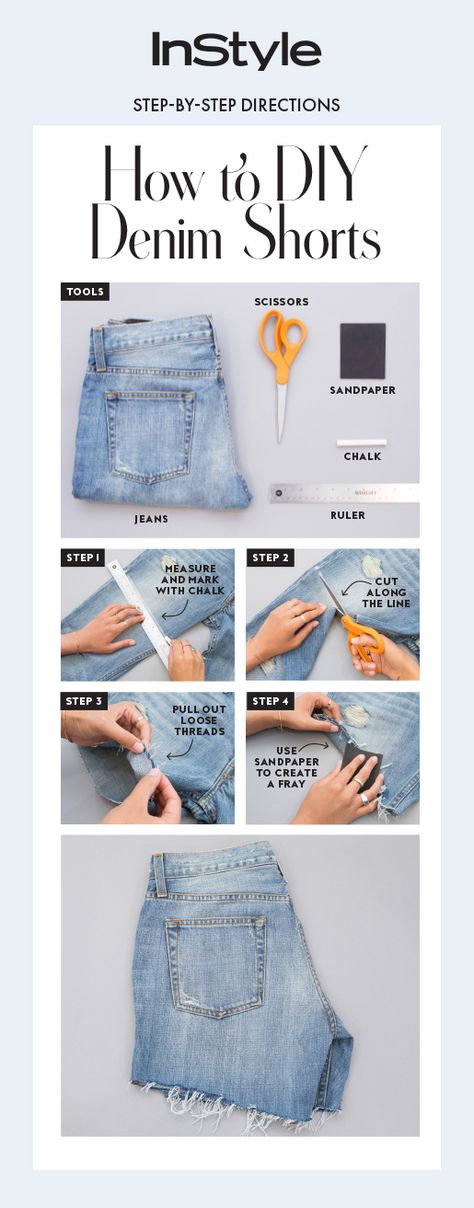 An easy four-step guide on how to cut your jeans into shorts. Jeans Into Shorts, Diy Denim Shorts, Diy Jean Shorts, Cut Jean Shorts, Diy Ripped Jeans, Ropa Upcycling, Diy Clothes Refashion, Diy Denim, Fest Outfits