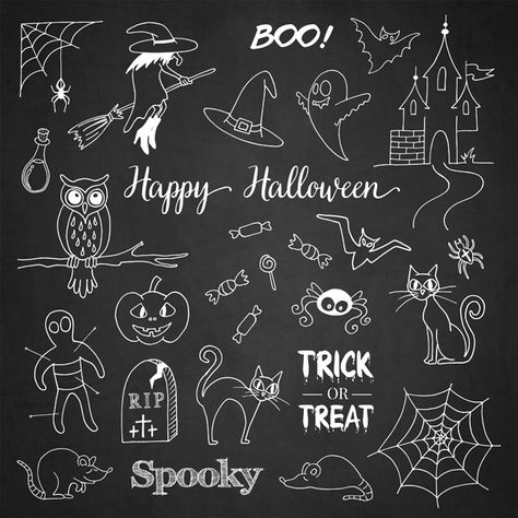 Halloween Calligraphy, Halloween Chalkboard Art, Banner Doodle, Halloween Chalkboard, Chalkboard Wall Art, Chalkboard Doodles, Halloween Doodles, Birthday Doodle, Halloween Elements