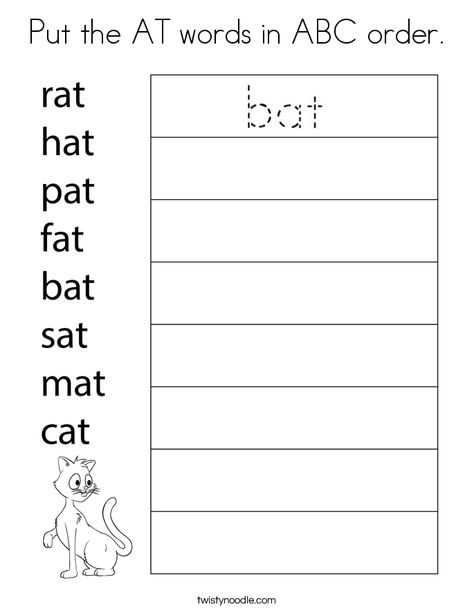 Put the AT words in ABC order Coloring Page - Twisty Noodle Alphabet Order Worksheets, Alphabetical Order Activities, Alphabetical Order Worksheets, Abc Order Worksheet, Fun Activites, Number Words Worksheets, At Words, Spelling For Kids, Twisty Noodle