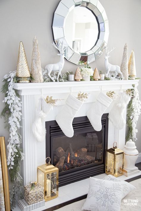 Modern Glam Elegant Christmas Mantel Decor Ideas. See how to create this look! #christmas #mantle #mantel #livingroom #fireplace #elegant #glam #transitional #modern #decorating #ideas Silver Christmas Mantle Decor, Ideas For Christmas Decorations House, Fireplace Christmas Decor, Decorating Fireplace, Large Mantle, Stockings Fireplace, Snow Lights, Stone Mantle, Black Mantle