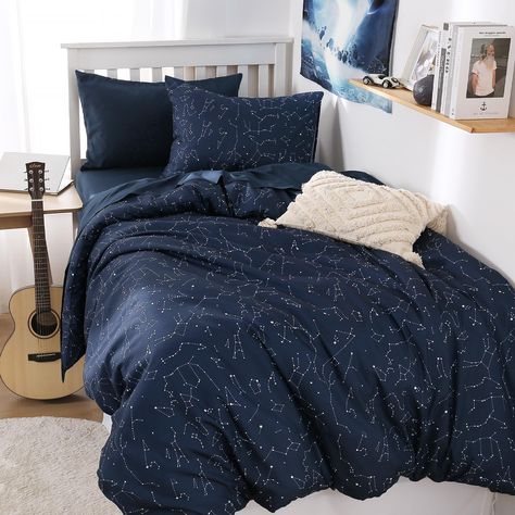 PRICES MAY VARY. Constellation Design: Features a space star galaxy astrology themed pattern that brings a touch of nature to your bedroom decor. Ideal for fans of celestial aesthetics. Twin/Twin XL 3-Piece Set: 1 comforter 68″ x 90″, 2 pillowcases 20″ x 26″. All-Season Comfort: Experience ultimate coziness with our extra soft, lightweight and durable comforter set, crafted from premium brushed microfiber and a high-grade polyester fill. Balancing weight and warmth through spring, summer, fall, Constellation Bed Sheets, Constellation Themed Bedroom, Cozy Dorm Room Decor, Space Bedsheets, Celestial Blue Bedroom, Blue Bedroom Men, Celestial Comforter, Star Bedsheets, Nasa Bedroom