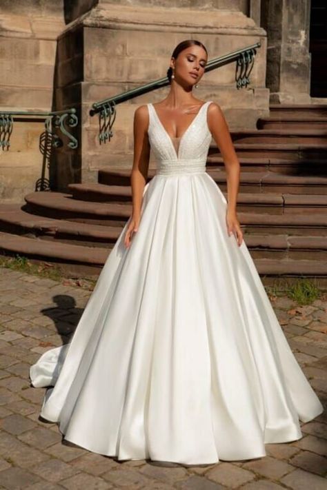 MIRABELLABeaded Satin Princess Wedding Dress903 A Line Backless Wedding Dress, Wedding Dresses Elegant Classy, A Line Bridal Gowns, Classy Wedding Dress, V Neck Wedding Dress, Designer Bridal Gowns, Backless Wedding, Princess Wedding Dress, Stunning Wedding Dresses