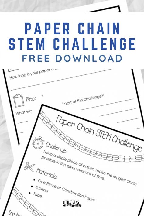 One of the simplest STEM challenges to set up right away and covers many age ranges is the Paper Chain STEM Challenge! I love this specific challenge because as long as your kiddo can use a pair of scissors and you have a sheet of paper handy, this is a fantastic challenge. Longest Paper Chain Challenge, Zip Line Stem Challenge, Paper Chain Challenge Stem, Paper Tower Stem Challenge, Paper Stem Challenge, Quick Stem Challenges, Paper Chain Challenge, Paper Tower Challenge, Class Norms