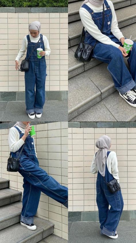 Jumpsuit With Hijab, Ootd Overall Jeans, Over All Outfit Denim Overalls, Jeans Jumpsuit Outfit Hijab, Ootd Jumpsuit Hijab Jeans, Overall Jeans Hijab, Jumpsuit Outfit Hijab Style, Outfit Overall Hijab, Outfit Gemuk