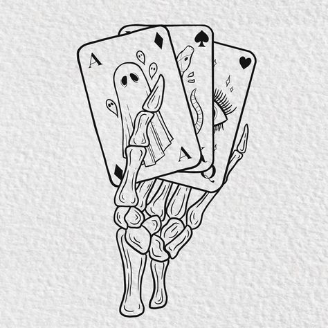 Skeleton hands playing a game of cards tattoo art Skull Hand Holding Cards, Tattoos In Vegas, Vegas Flash Tattoo, Skeleton Hand Holding Cards Tattoo, Hand Of Cards Tattoo, Halloween Line Drawings, Vegas Inspired Tattoos, Bluff Inktober, Hand Holding Cards Tattoo